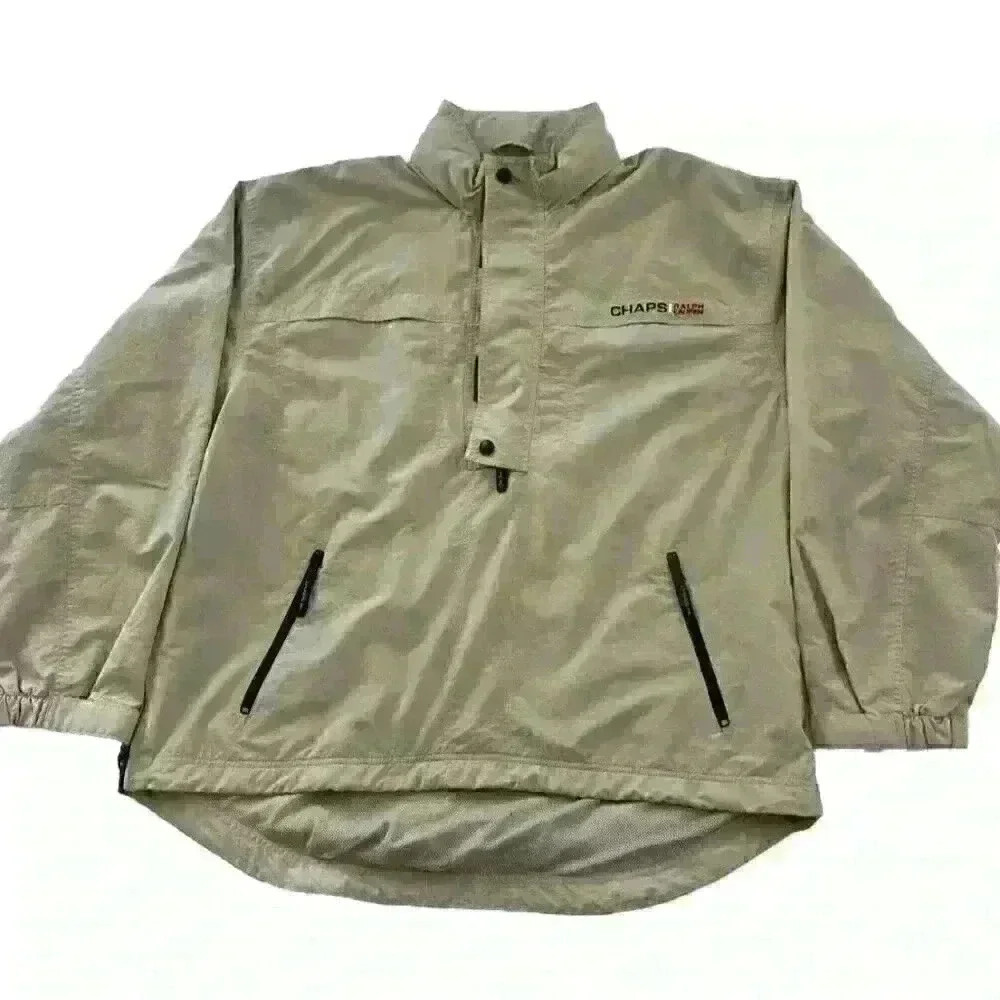 Chaps Ralph Lauren Men’s Sz Large Tan Pullover Windbreaker Jacket Tuck Away Hood - Picture 14 of 16